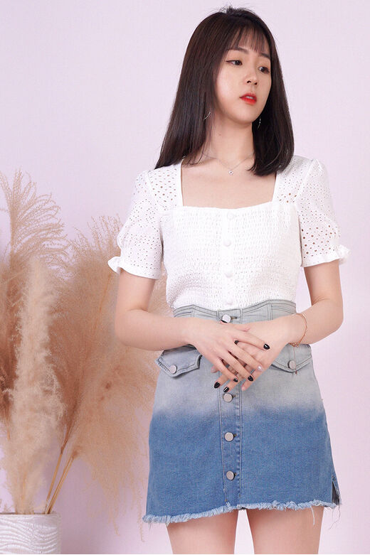 Fine Square Neck Shirred Front Button Down Eyelet Top (White)